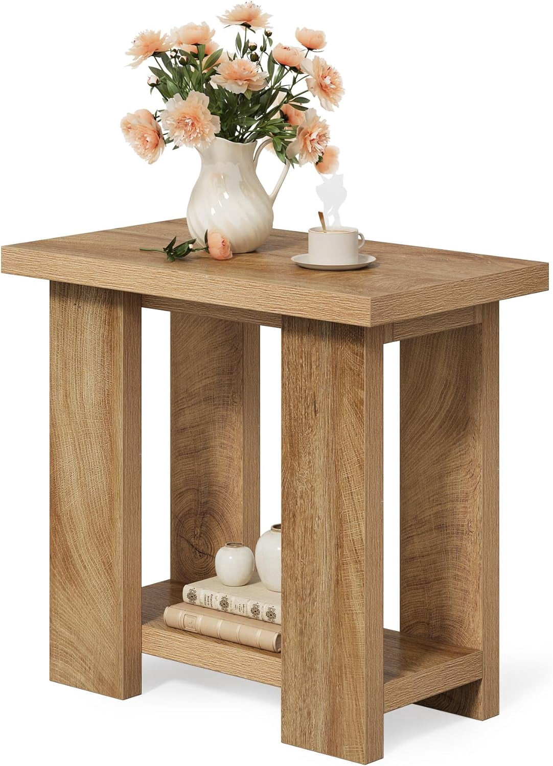 Farmhouse End Table with Storage Shelve, Small Nightstand Wooden Beside Table for Small Spaces, Living Room, Bedroom, Brown