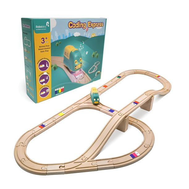 Robobloq Coding Express Wooden Train Set, an educational STEAM learning toy for kids aged 3-7, includes 25 wooden tracks, bridges, and a programmable train with color-coded inductive stickers. The train features sensors for lights, music, and infrared object detection, promoting coding, robotics, and problem-solving skills. Compatible with Thomas and Friends, BRIO, and IKEA tracks, it offers endless creative play and preschool learning opportunities.