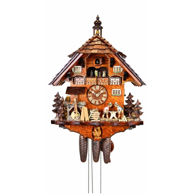 Cuckoo Clock Black Forest house with moving wood sawers and mill wheel