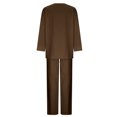 thumbnail image 4 of EGNMCR Women 2 Piece Linen Outfits Solid Color Long Sleeve Suit Drawstring Wide Leg Pants with Pockets Womens Lounge Sets, 4 of 7