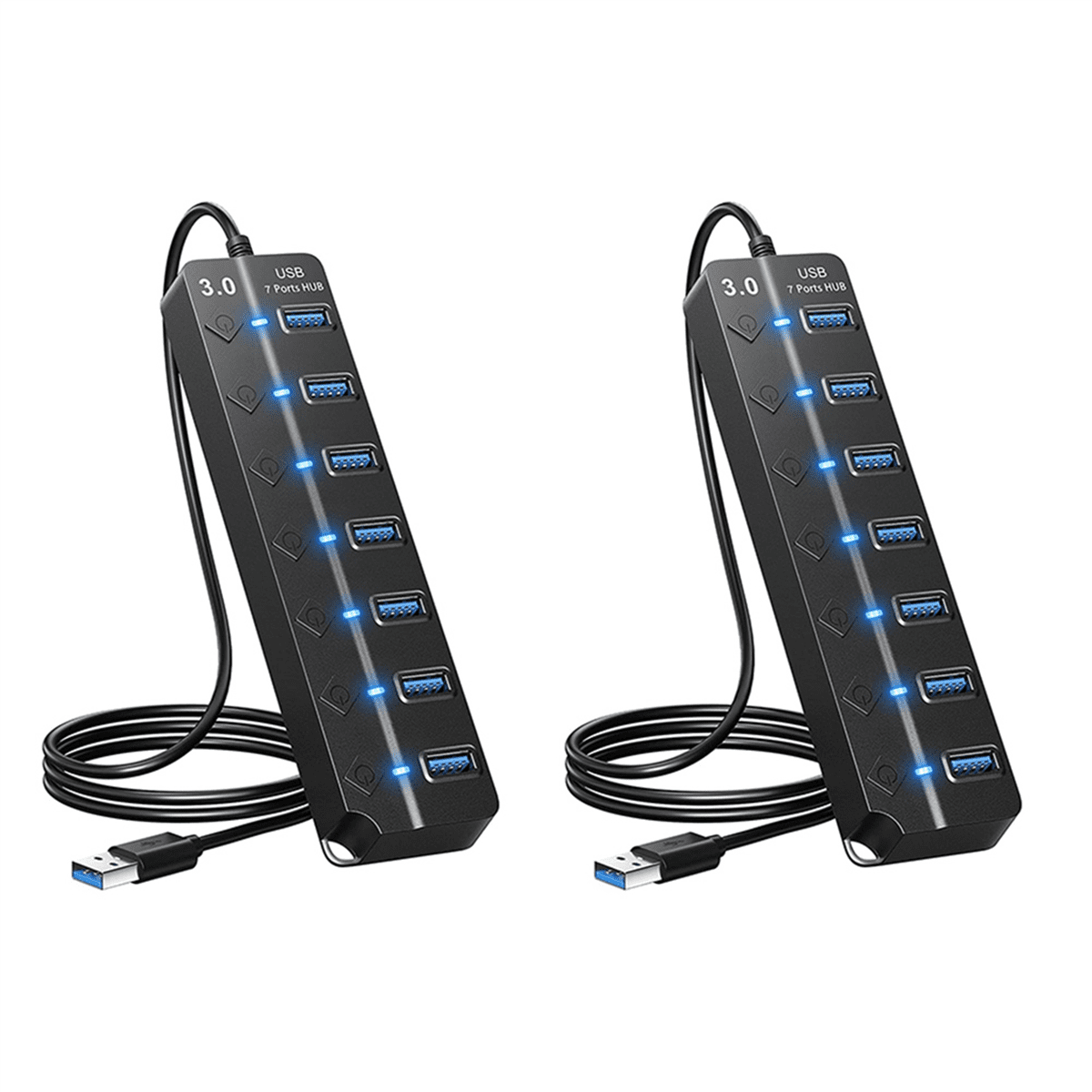 2X 7 Ports USB Hub Splitter Multi Hub USB 3.0 Adapter USB Several Ports Power Adapter with Switches and Lights,2 x USB Hub Splitter,Black