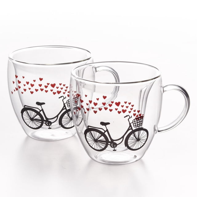 Tasse à café Double Double Cœur 250 ml, Ensemble de 2, avec Verre Borosilicaté Soufflé à l'Empeigne à Double Paroi Transparent, Chaque Tasse Décorée d'Une Bicyclette Noire et de Cœurs Rouges, Conçue pour Isoler les Boissons Chaudes Ou Froides Tout en Gardant la surface Extérieure Froide et Sans condensation, Convient pour le café, le Thé Ou le Chocolat Chaud à la Maison Ou au café.