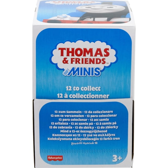 Thomas et ses amis Coffret de Collection de Véhicules MINIS avec le logo et le Texte Indiquant 12 Personnages Miniatures de train à Pousser à Collectionner, Convient aux Enfants d'Âge Préscolaire de 3 Ans et Plus, avec Détails de Collection Multilingues et Image de Marque Fisher-Price sur Fond Bleu et Blanc.