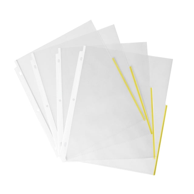 Pen+Gear Sheet Protectors with clear archival-safe plastic sleeves and yellow coloured edges, sized 9 2/5 in. by 11 1/5 in. to fit letter documents in 3-ring binders, protecting papers from dust, spills, and ink transfer.