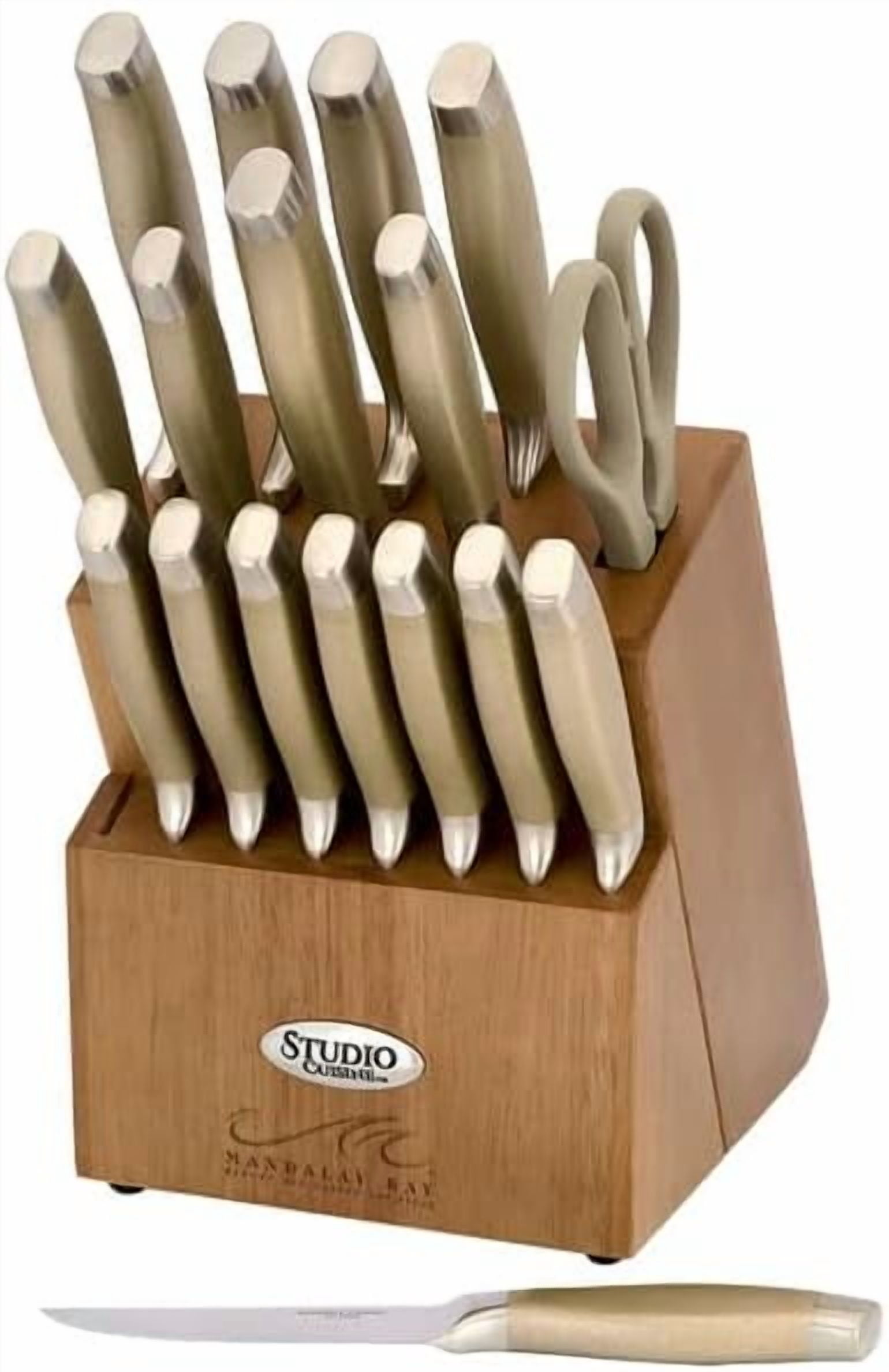 Studio-Cuisine 18-Piece Stainless Steel Peened Knife Block Set, Honing Steel, Utility Shears, 8 Steak Knives