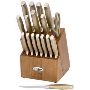 Studio-Cuisine 18-Piece Stainless Steel Peened Knife Block Set, Honing Steel, Utility Shears, 8 Steak Knives