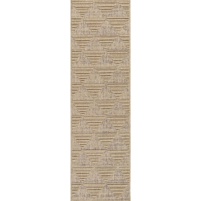 Rug Branch Hogar Abstract Indoor Outdoor Area Rug in brown beige featuring a modern geometric pattern of textured triangles with horizontal lines, designed for versatile use in living rooms, bedrooms, dining rooms, kitchens, and hallways.