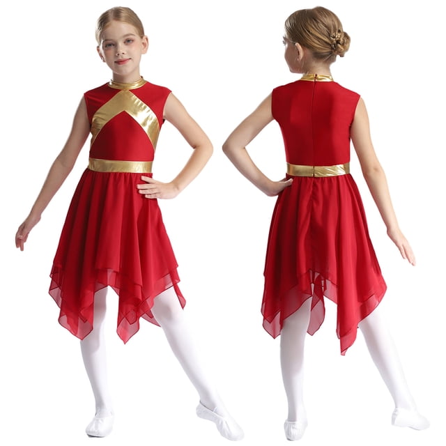 MSemis Robe de Danse de Louange Sans Manches pour Filles Enfants, Robe de Culte Liturgique, Costume, Robe d'Église, Robe Longue 6-16 Ans Bourgogne 10