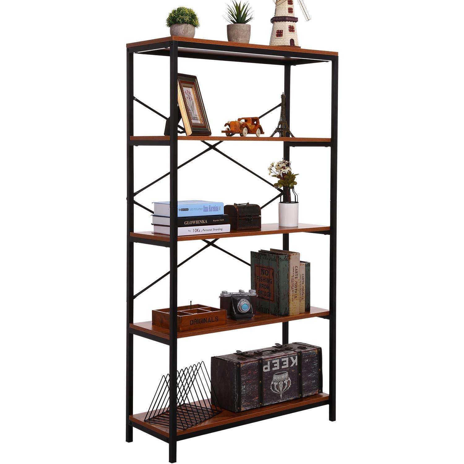 BATHWA Tall Bookcase, Open Bookshelf Modern Wide Book Shelf Wood Metal Industrial Bookcase Furniture Shelving Unit Storage 4 Tier Bookshelf