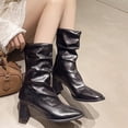 thumbnail image 4 of Black Mid Calf Boots For Ladies Pointed Toe Rear Zipper Chunky Heel High Heel Pleated Winter Casual Shoes For Cold Weather Outings Size 41, 4 of 6