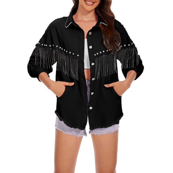 Jean Jacket Women Women's Sparkly Rhinestone Fringe Shacket Denim Glitter Tassel Shirt Jacket Western Jean Jackets S-8 Black L