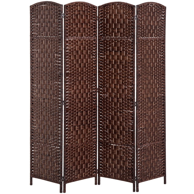 HOMCOM Paravent Pliant à 4 Panneaux pour l'Intimité, Décoration Intérieure de la Maison. Ce Paravent Brun Présente une Conception en Papier Osier Tressé à la Main avec un Ton Naturel, Soutenu par un Cadre en Bois de paulownia Massif avec des Motifs de Ferme en X. la Conception Pliable Comprend Quatre Panneaux Reliés par des Charnières Doublement Directionnelles, Offrant des angles Ajustables et un Rangement Facile. les Dimensions Sont de 70,9 Pouces de Large, 0,8 Pouces de Profondeur et 70,9 Pouces de Hauteur Lorsqu'elles Sont Entièrement Étendues