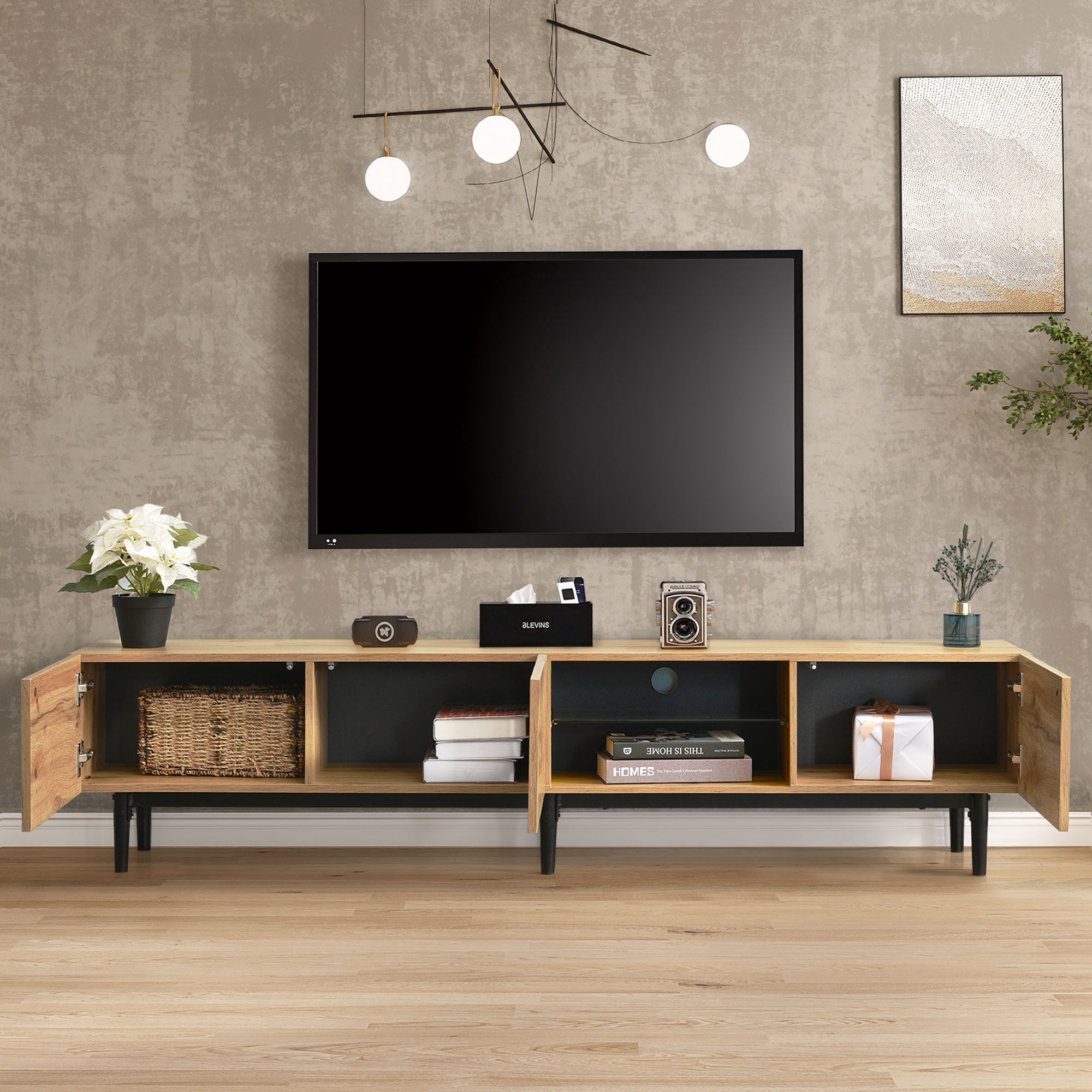 Noble House Meuble TV Moderne 69 Pouces, Console Multimédia LED Ajustable en Bois avec 3 Armoires, Grand Rangement, Naturel