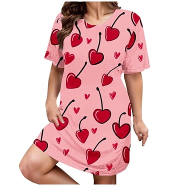 Kelon Women Nightgowns & Sleepshirts Plus Size Casual Sleep Dress Women's Plus Heart Print Short Sleeve Round Neck Medium Stretch Loose Nightdress Valentine's Day Nightdress
