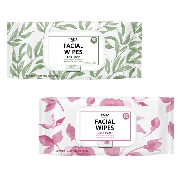 TADA Beauty Facial Wipes Makeup Remover | Tea Tree & Rose Petal Makeup Cleansing Wipes | 80ct (2PK)