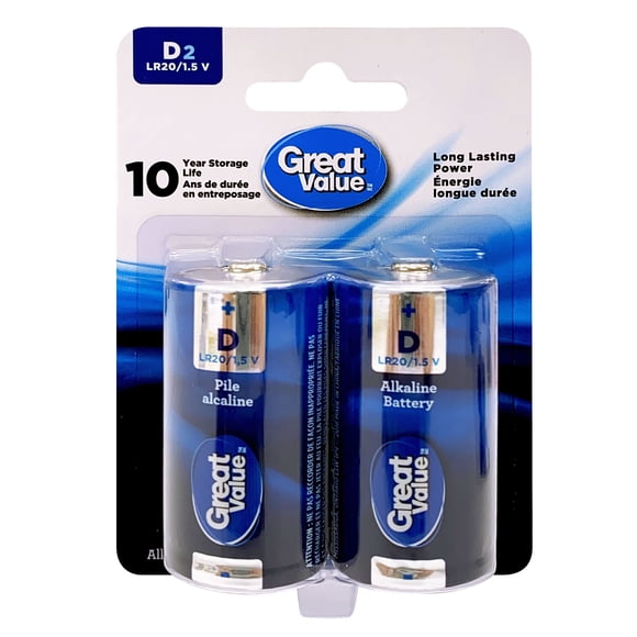 Great Value D LR20/1.5 V Alkaline Batteries 2-Pack, 10-year storage life