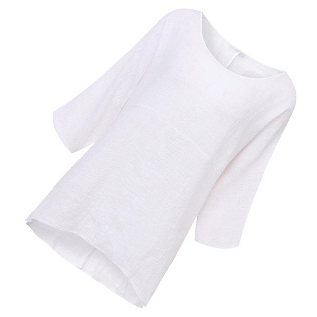 T-Shirt pour Femmes, Couleur Unie, Haut Décontracté, Manches Courtes, Lin, Blouse Décontractée pour Femmes, Blanc, 3TG