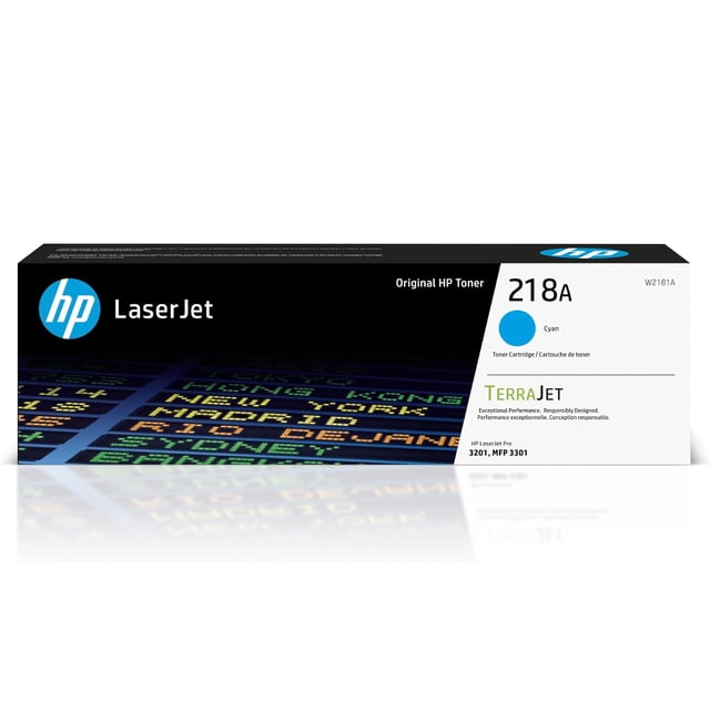 HP 218A Cyn LaserJet Toner Cartridge box with black and white packaging, featuring the blue HP logo and cyan color dot, designed for color laser printing with HP LaserJet Pro 3201 and MFP 3301 printers, highlighting TerraJet branding and original HP toner quality.