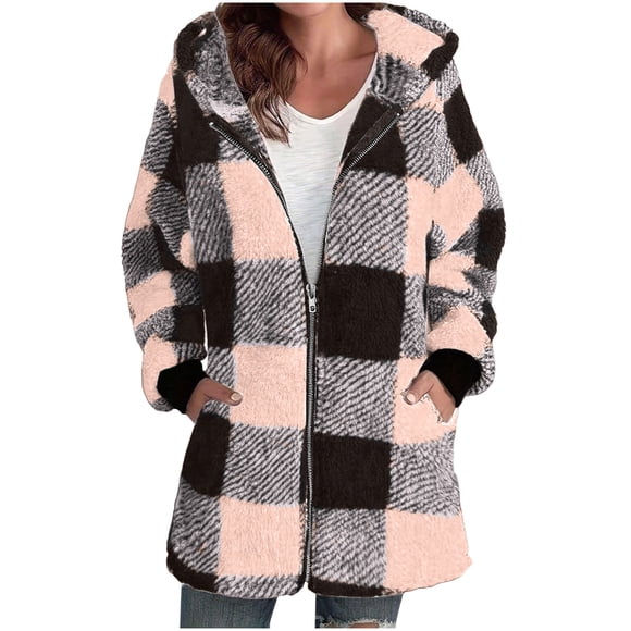 aohooy Womens Plaid Hoodie Jacket Oversized Sherpa Hoodies Jackets Fuzzy Fleece Zip Up Winter Long Sleeve Coats with Pockets Multicolor,M