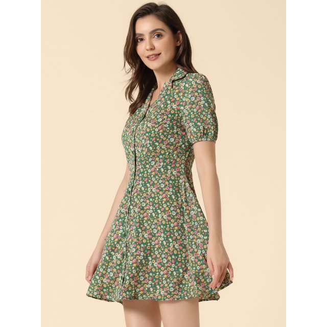 INSPIRE CHIC Robe Vintage Florale à Manches Courtes Col Camp Boutonnée Ligne A pour Femmes