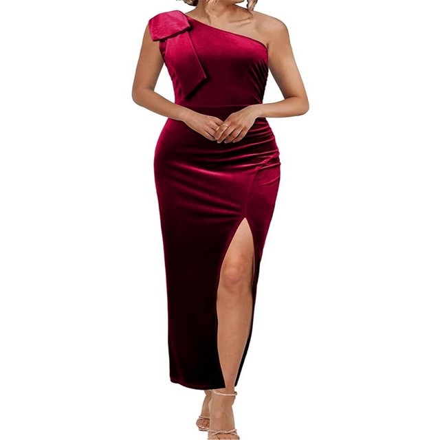 Women Velvet Formal Dress Solid Color One Shoulder Split Evening Gown