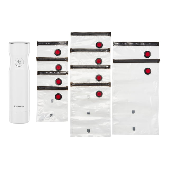 ZWILLING Fresh & Save Plastic / S/M/L Vacuum Starter Set, 11 Piece, featuring a white vacuum pump and 9 BPA-free vacuum bags in small, medium, and large sizes. The bags have easy-zip closures, red silicone valves, and are designed to keep food fresh up to five times longer. Suitable for freezing, microwaving (without vacuum seal), and dishwashing. Compact and reusable for efficient storage and reduced food waste.