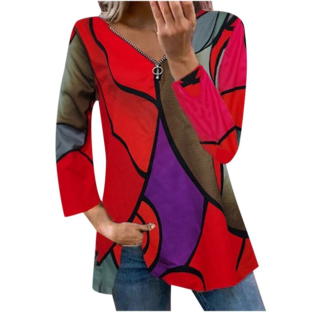 CEHVOM Ladies Colorblock Printed V-neck Zipper Casual Loose Long Sleeve Top