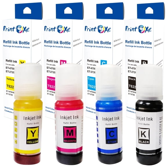 T522 Compatible Ink Refill Bottles Set 522 Ink | Black T522120 | Cyan T522220 | Magenta T522320 | Yellow T522420 for Epson EcoTank Printers ET 1110 / 2710 / 2720 / 4700