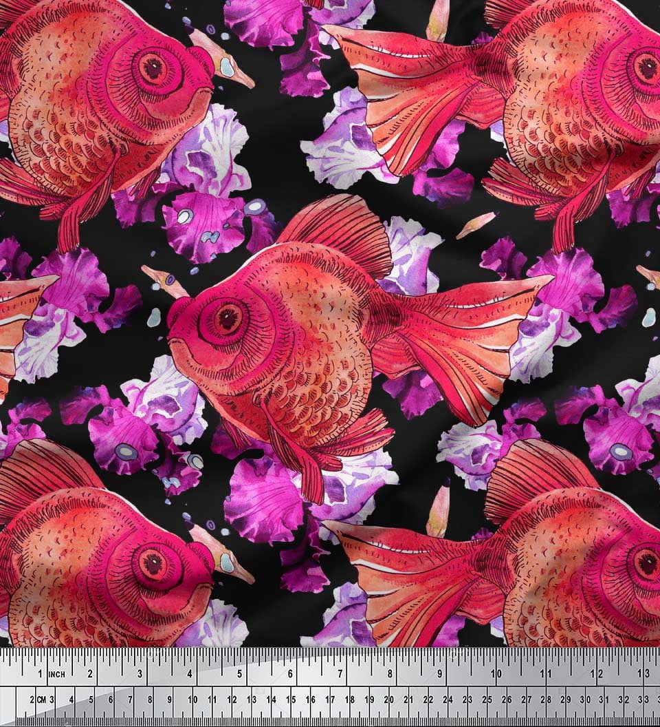 Soimoi Modal Satin Fabric Fish Ocean Print Fabric by The Yard 42 Inch Wide