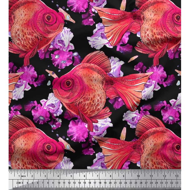 Soimoi Moss Georgette Fabric Fish Ocean Printed Fabric 1 Yard 42 Inch Wide