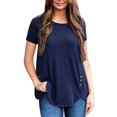 thumbnail image 4 of Femmes T-shirt Couleur Unie Bouton Col Rond Court Couleur Unie Top Femmes Chemisier, Bleu Foncé, S, 4 of 5