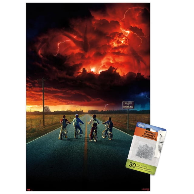 Netflix Stranger Things : Saison 2 - Affiche Murale d'Art Clé, 22,375 Pouces x 34 Pouces Encadrée, Montre Quatre Enfants à Vélo sur une Route Rurale Face à un Ciel Orageux Rouge et Noir avec des Éclairs et une Figurine de Monstre Ombrée. un Panneau « Bienvenue chez Hawkins » Est visible sur la Droite. l'Affiche Encadrée Finition Satinée Comprend 30 Punaises Transparentes pour une Suspension Facile, Convient à la Déco Maison et à l'Art Mural.