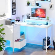 L Shaped Desk with Power Outlets & LED Lights, Computer Desk with Drawers & Shelves, Corner Desk Gaming Desk Home Office Desk, Black