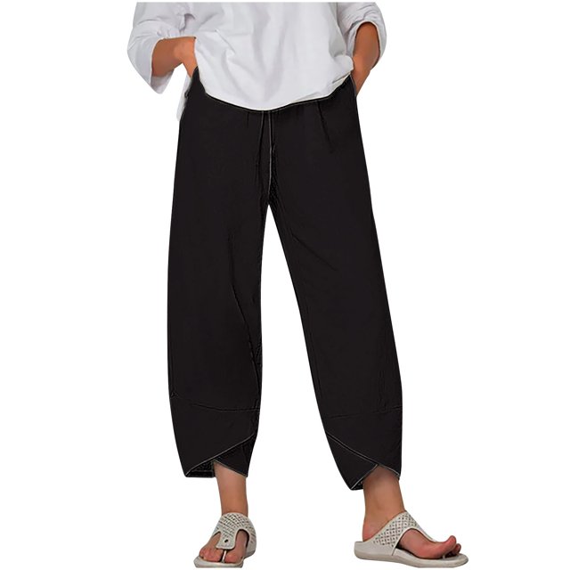 Timegard Plus Size Pants for Women Elastic Waist Solid Color Comfy Fall Casual Crop Pants with Pockets