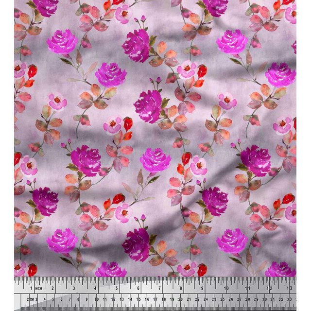 Soimoi Popeline de Coton Violette Tissu Imprimé Feuilles et Floral 1 Yard 56 Pouces de Large