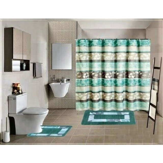 15-Piece Bathroom Set 2-Rugs/Mats Non Slip 1 Fabric Shower Curtain With 12-Fabric Covered Rings Different Styles and Colors For Home Bath Dcor Peony Purple