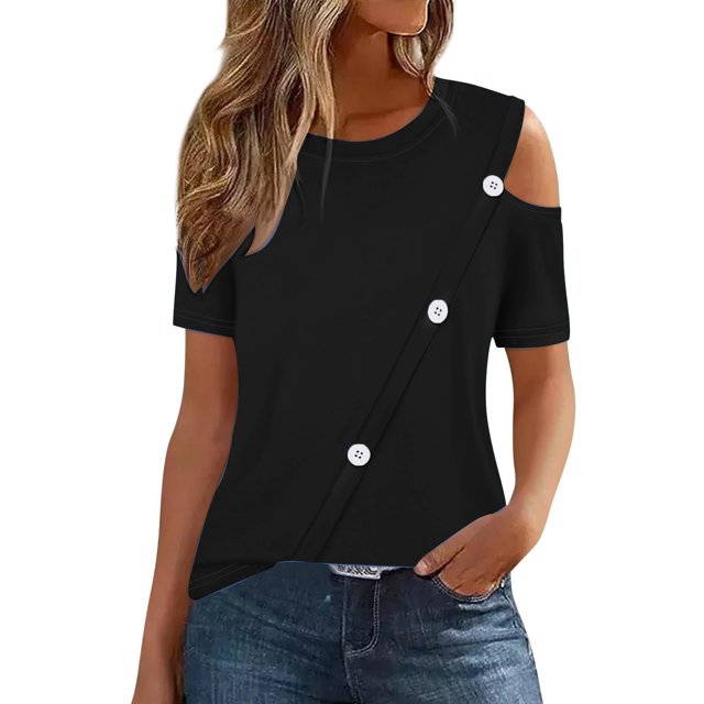 Timegard Cold Shoulder Tops for Women Round Neck Button Short Sleeve Summer Casual Tunic Top Blouse
