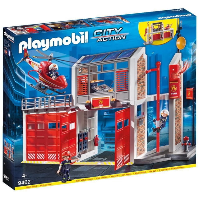 Playmobil Caserne de Pompiers 9462 Ensemble de Jeu, Jouet Rouge à Plusieurs Niveaux avec Doubles Portes de garage Articulées, Hélisurface et Hélicoptère avec rotor Tournant, Perche Coulissante, Alarme Fonctionnelle et Centre de Contrôle; l'Intérieur Comprend des Lits Superposés Rabattables, de mini Outils de Lutte contre l'Incendie et des Figurines de Pompier; dimensions 24 x 8.3 x 14.2 Po (LxlxH). Utilisé Souvent pour le Jeu de Rôle Imaginatif d'Ur