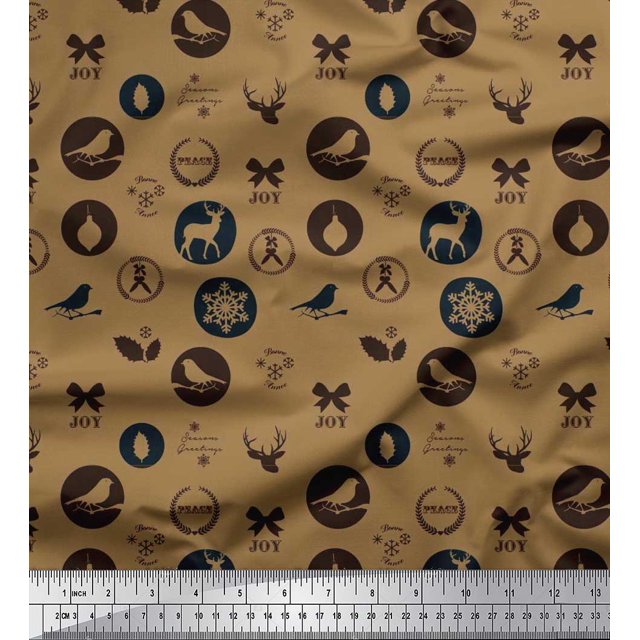 Soimoi Georgette Viscose Fabric Reindeer,Bow & Bird Decor Fabric Printed Yard 42 Inch Wide
