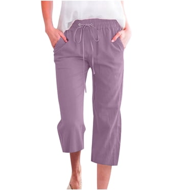 LMKIHUSA Womens Cotton Linen Pants Elastic Waist Drawstring Loose Capri Plus Size Loose Fitted Pants Casual Trendy Summer 2025 Capris Purple,XXXL