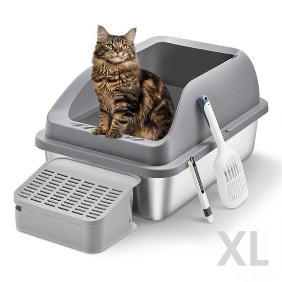 Bac à Litière pour Chat en Acier Inoxydable, Plateau à Litière à Dessus Ouvert à Bords Hauts avec Marche et Pelle, pour Chats jusqu'à 33 lb, Gris Ardoise