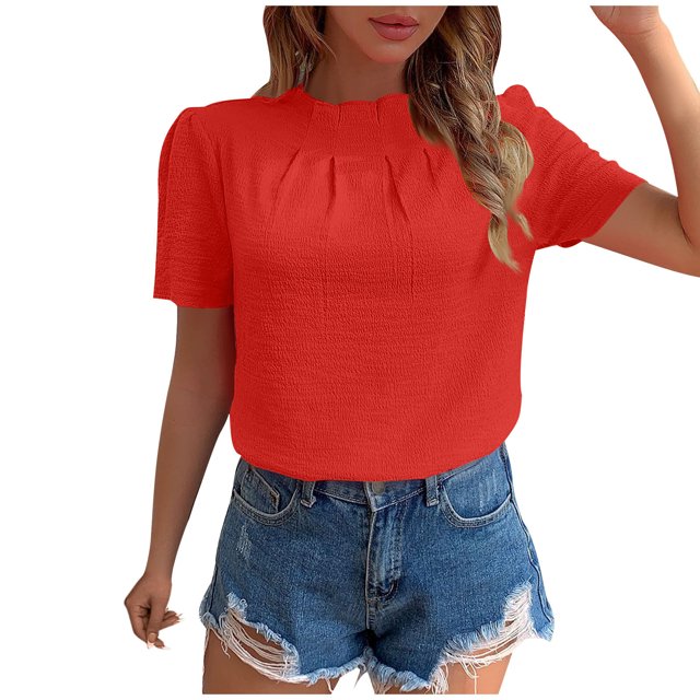 hotojiny Spring Tops for Women Solid Color Crew Neck Loose Blouse Lightweight Textured Puff Short Sleeve Back Keyhole Shirt Beach Vacation Clothes for Women