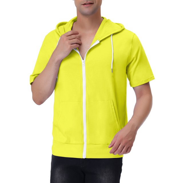 INSPIRE CHIC Men's Short Sleeve Hoodies Solid Color Zip Up Jackets with Hood M Bright Yellow