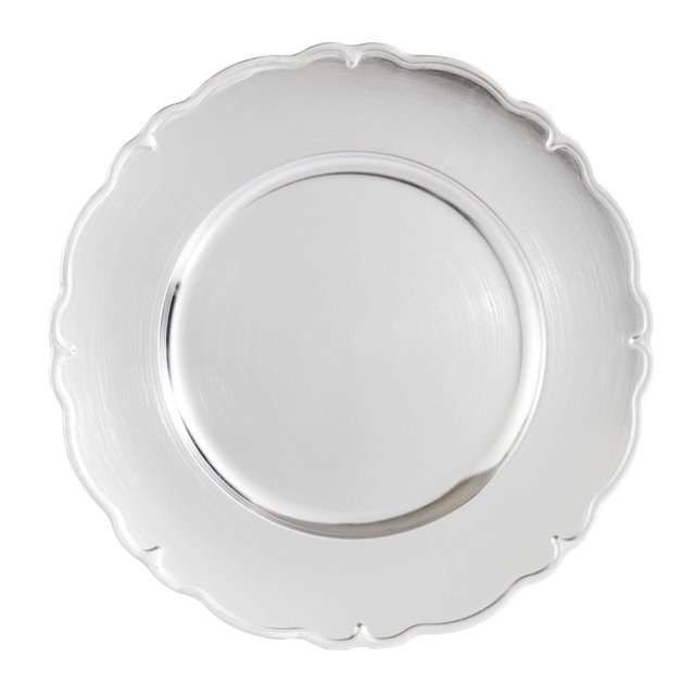 Holiday Time 13-Inch Scalloped Charger Silver - Pack of 4 showing a front-facing silver plastic charger plate with a scalloped edge and smooth reflective surface, designed for holiday, wedding, and catering tabletop decor.