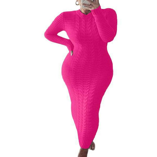 Women Long Sleeve Knitted Dress Crochet Pattern Solid Ribbed Casual Dress