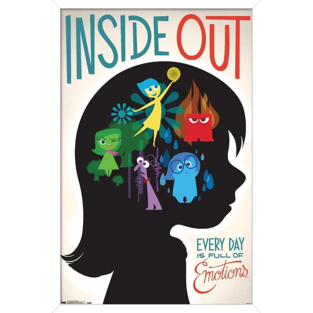 Disney Pixar Inside Out - Emotions Affiche Murale, 14,725 Pouces x 22,375 Pouces, Présentant une silhouette Noire du Profil d'Une Fille Remplie de Personnages Animés Colorés Représentant Emotions : Joie Jaune Tenant une Orbe Lumineuse, Colère Rouge avec des Flammes, Dégoût Vert Faisant un Clin d'Oeil, Peur Violette Aspect Nerveux, et Tristesse Bleue avec des Larmes, Ensemble sur un Fond Blanc avec « Inside Out' en Texte