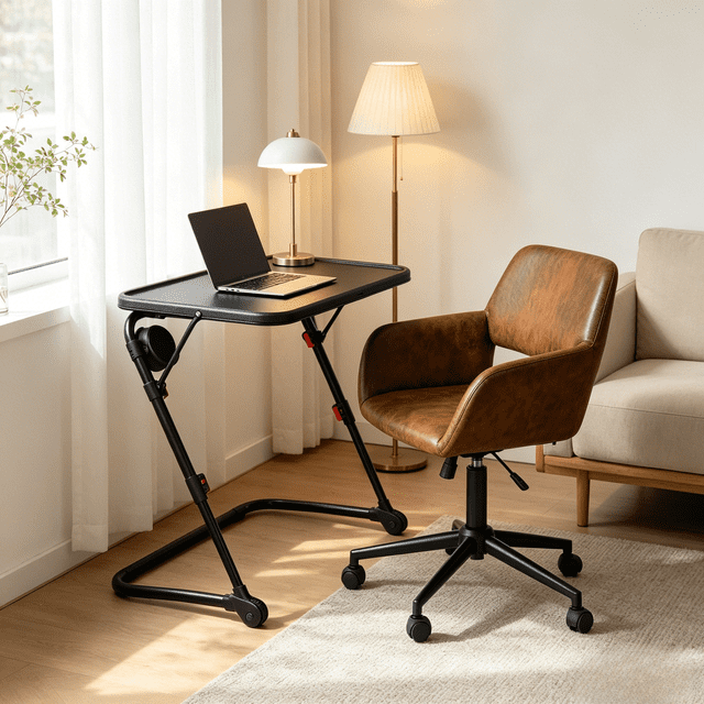 Homy Casa 2-Piece Home Office Set, Swivel Suede Office Chair and Adjustable Height Folding Laptop Table, Brown/Black