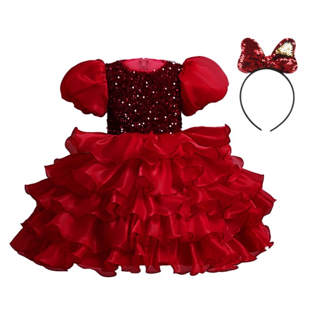 Robes de Princesse pour Fillettes Robe de Bal d'Anniversaire Manches Bouffantes Robe à Sequins en Tulle + Bandeau