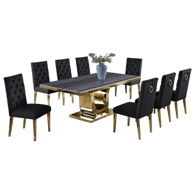 Gray Marble Dining Set with Gold Stainless Steel and Black Velvet Chairs
