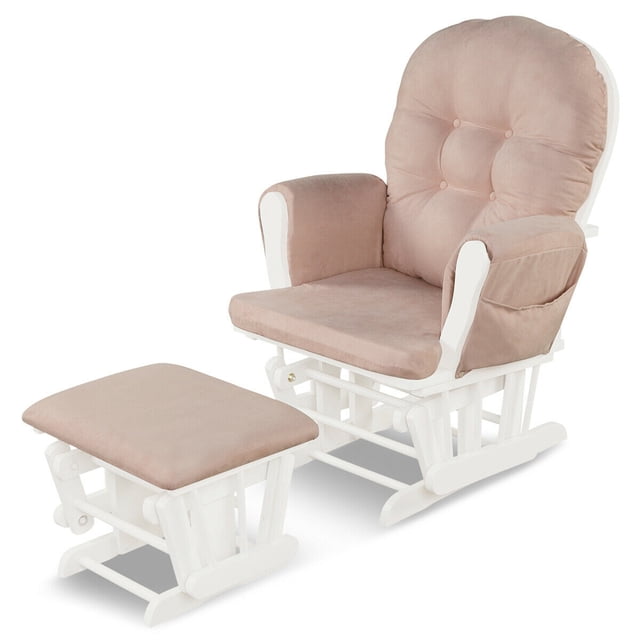 Gymax Glider and Ottoman Cushion Set Wood Baby Nursery Rocking Chair in pink, featuring a sturdy rubber wood and bentwood frame with soft microfiber fabric cushions. The set includes a glider chair with a high backrest, padded armrests, and a matching ottoman for synchronized gliding. Designed with a smooth and quiet glider base, it offers ergonomic support for reading, napping, or babysitting. The chair has a convenient storage pocket on the armrest and a removable cushion cover for easy cleaning. Suitable for nurseries, living rooms, or bedrooms.